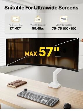 Montek White Aluminum Monitor Arm for 17–57" Screens support up to 59 lbs. New.